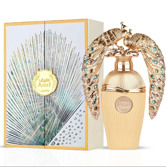 Afeef Eau De Parfum Spray 100ML (3.4 OZ) by Lattafa | An Exotic Fusion of Juicy Peach, Opulent Florals & Warm, Seductive Woods.