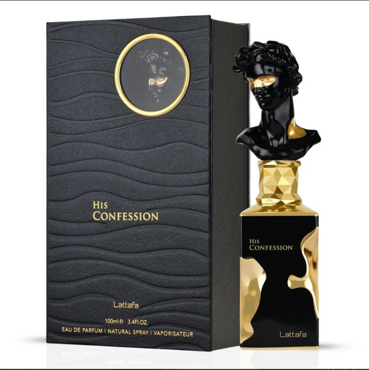 His Confession Eau De Parfum Spray 100ML (3.4 OZ) by Lattafa | A Bold Blend of Citrus, Spice & Warm Woods, with a Rich Amber Finish.