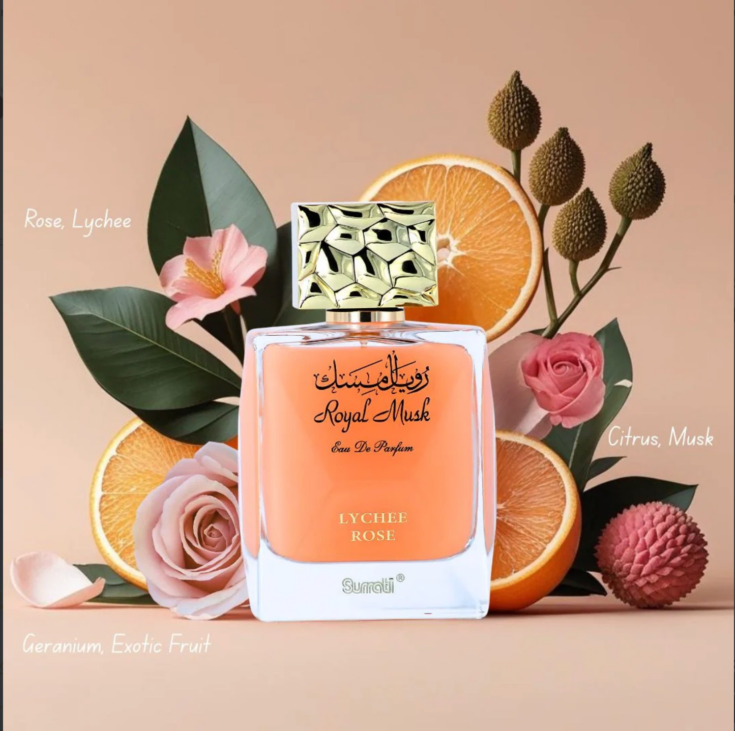 Royal Musk Lychee Rose EDP 100ML (3.4 OZ) by SURRATI, Exotic Fragrances for Men & Women.